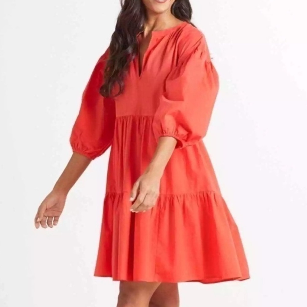 Sundry x Evereve The Anywhere dress cotton poplin tiered bright coral L - Picture 5 of 11